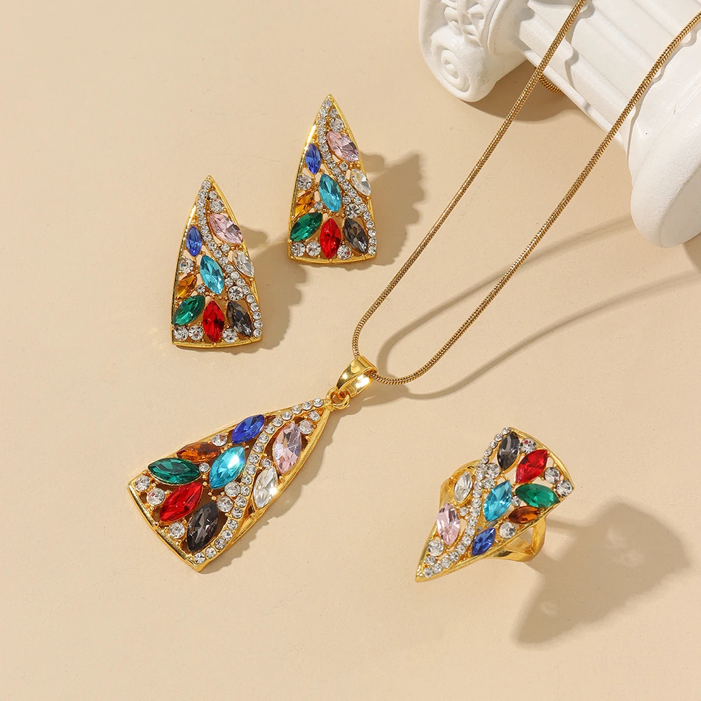 3-piece Set New zircon  pendant necklace + earrings + ring jewelry set  for Women Colored zircon stainless steel golden Set