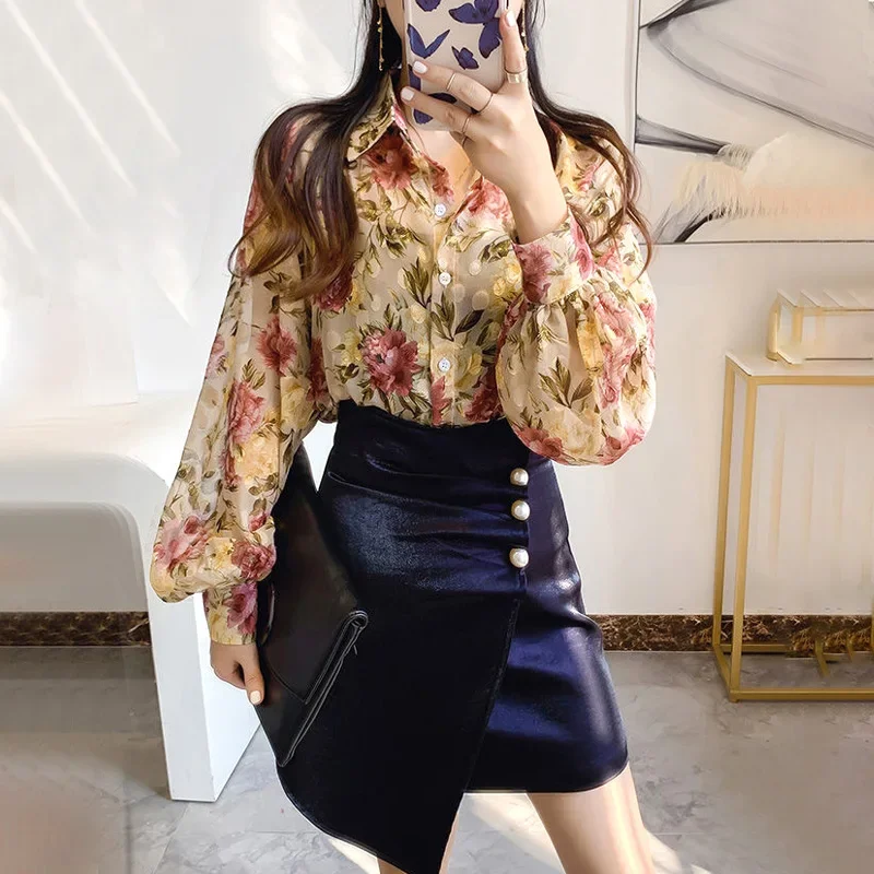 

Comfortable New Fashion Loose Long Sleeved Chiffon Thin Shirt Korean Floral Print Casual Spring Summer Women's Clothing S733