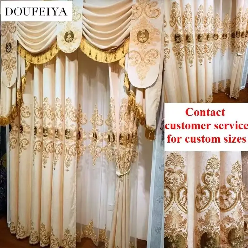 

Customiz European Beige Valance Embroidered Chenille Luxury Curtains for Living Room Blackout Bedroom Window Dining White Tulle