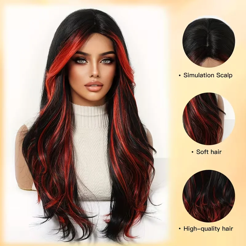 Long Wavy Black Red Highlight Synthetic Wig For Women With Curtain Bangs Natural Heat Resistant Wig For Daily Party Cosplay Wear