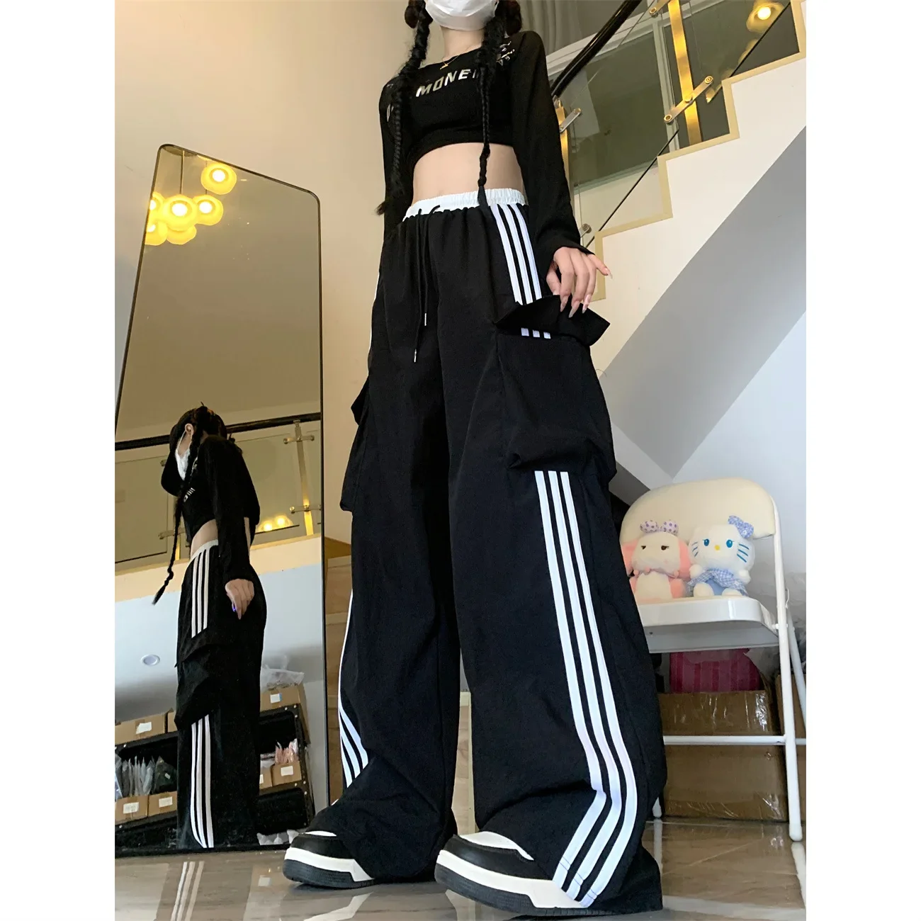 American Style Women's Summer Loose-Fit Cargo Pants Black Straight-Leg Bell Bottoms Casual Sweatpants Larger Size Available