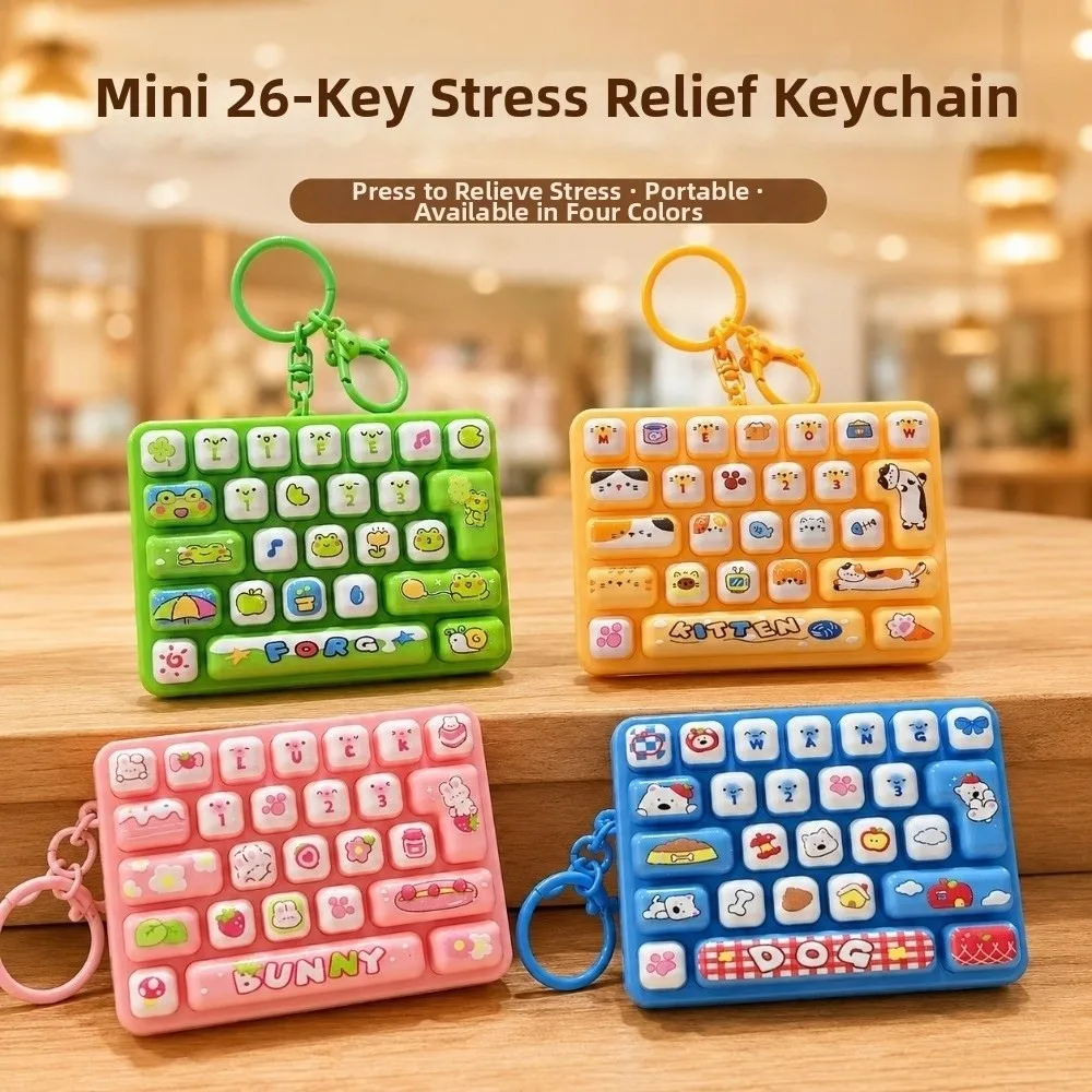 Cartoon 26 Keys Keyboard Keychain Mini Animals Fingertip Button Keyring Portable Relaxed Keyboard Clicker Keychain Travel Use