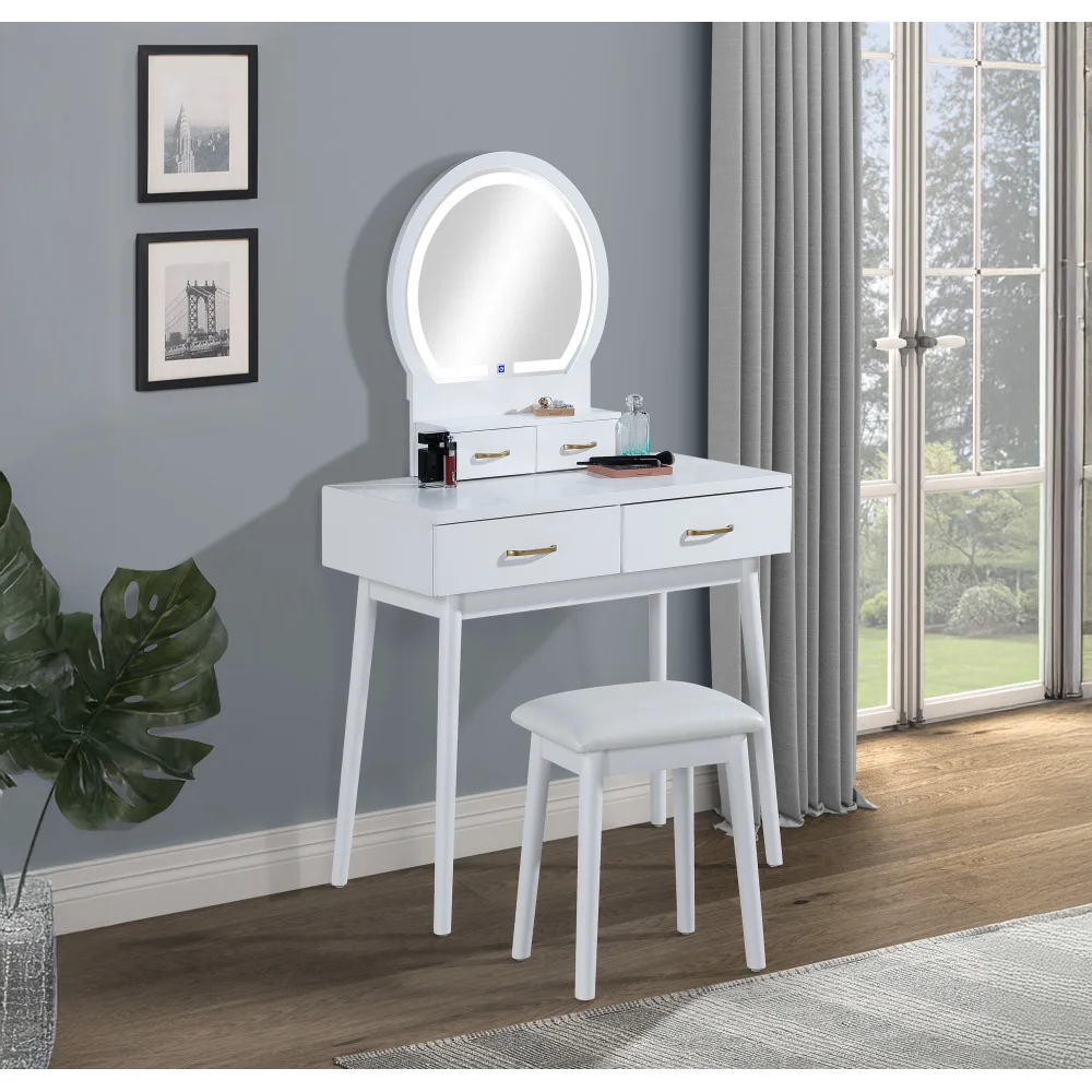 3pc Vanity Table and Stool Set Built-in Led-lit Mirror Matching Cushioned Stool Gold-accented Handles Wooden Home Furniture White