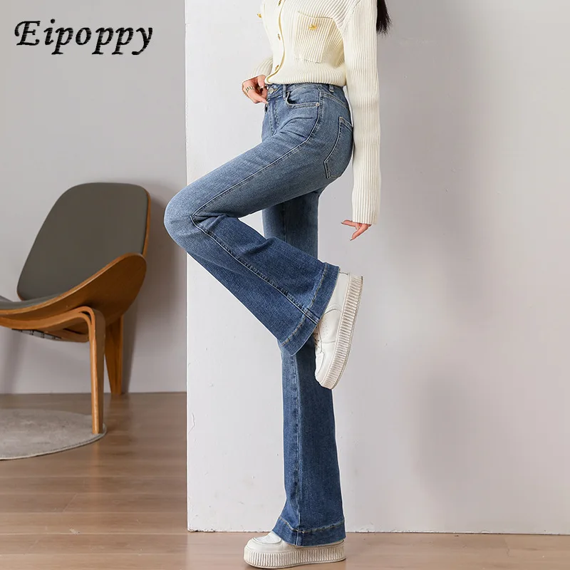 Pantalones vaqueros elásticos de cintura media para mujer, Jeans de herradura de Color de contraste Simple y delgado, pantalones con fondo de campana