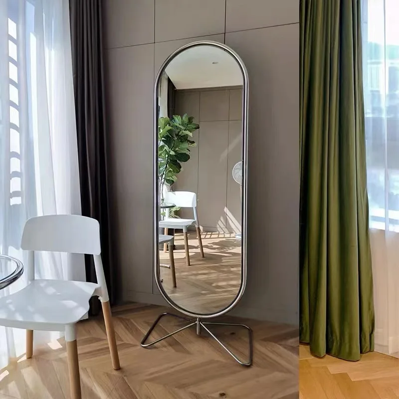 Nordic stainless steel fitting mirror home bedroom full body mirror floor rotating ins wind three-dimensional Internet