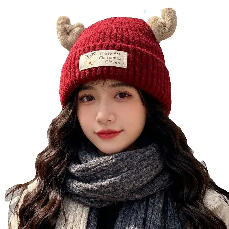 

Cute Christmas Antlers Knitted Woolen Hat for Women in Autumn and Winter Warm Ear Protection Cold Proof Knitted Headcap