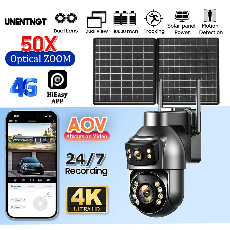 10MP 4G SIM/eSIM Security Solar Camera Dual Lens 50X Optical Zoom Home Outdoor 4K CCTV Surveillance Smart Human Tracking PTZ Cam