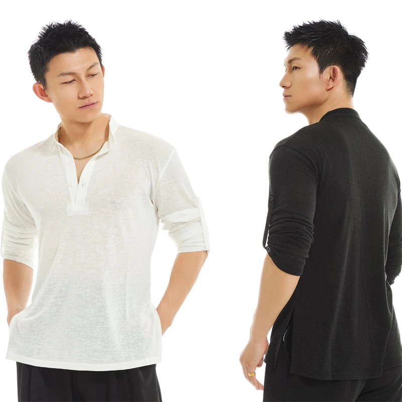 성인 룸바 볼룸 댄스 탑 남성 긴 소매 현대 댄스 탑 남성 라틴 댄스 셔츠 무대 공연 착용 SL13699