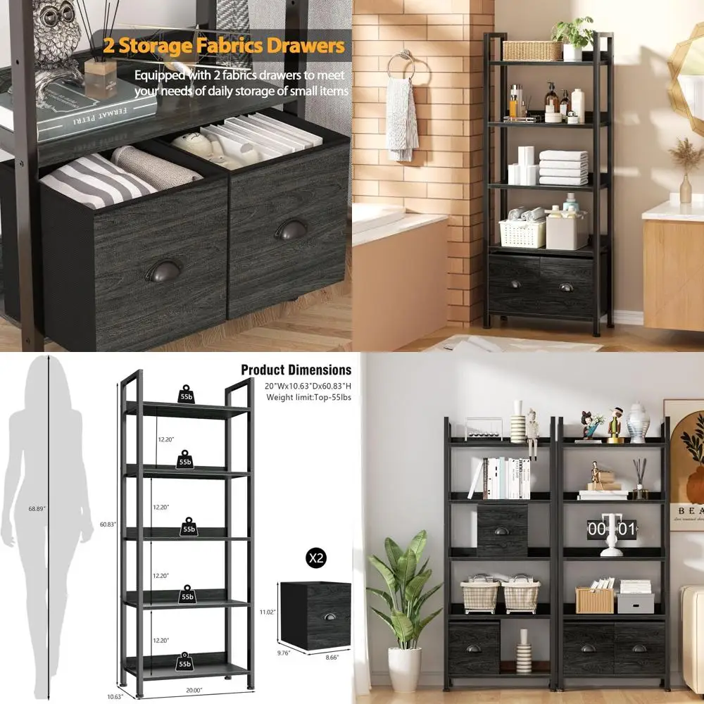 5-Tier Tall Bookcase with 2 Drawers, Industrial Style Wood and Metal Storage Unit for Living Room, Bedroom, Home Office, Black O