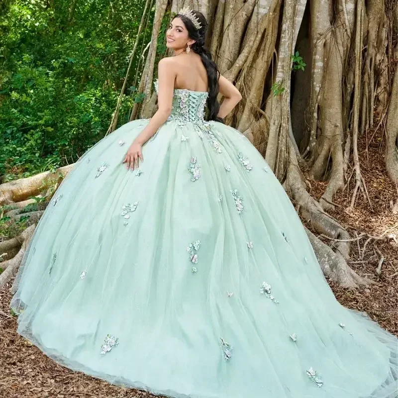 Vintage bunga 3D Mint hijau Quinceanera gaun dengan Cape bola gaun korset pesta putri Vestidos De quinceaorera Custom