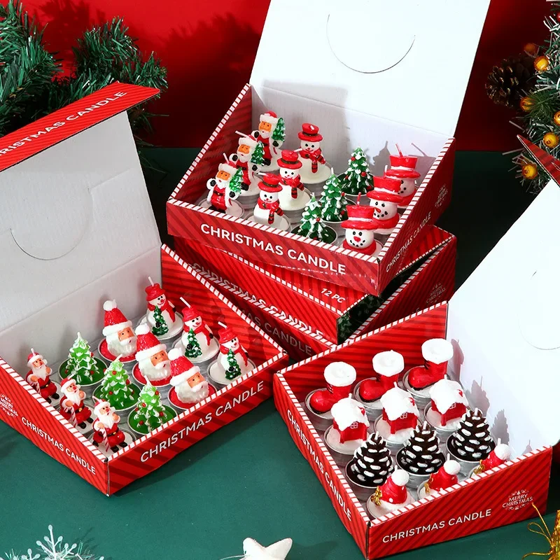12-teiliges Set Weihnachtskerzen, Weihnachtsmann, Baum, Schneemann, Karneval, romantische Ornamente, Kerzenlicht-Abendessen, Weihnachten bemalt