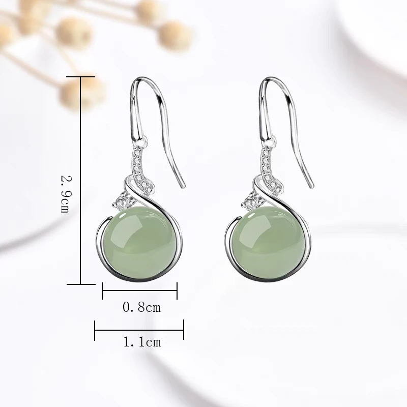 PANJBJ 925 Sterling Silver Jade Drop Earring for Women Zircon Round  Classic Grace Ethnic Jewelry Anniversary Gift Dropshipping