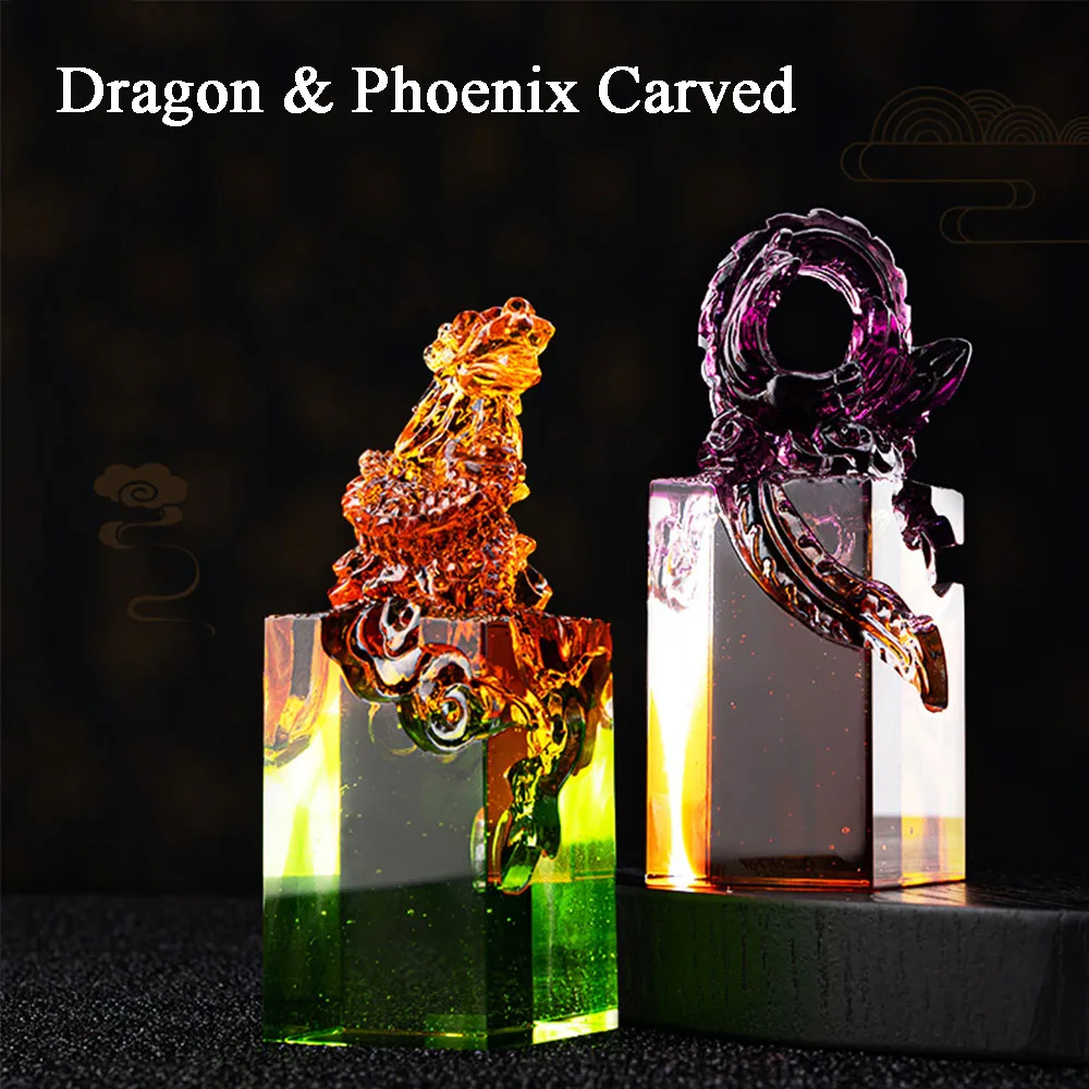 Coloured Glaze Dragon Phoenix Carved Name Stamps 35mm Square Crystal Seal Calligraphy Painting Signature Custom Chop Gift 2023