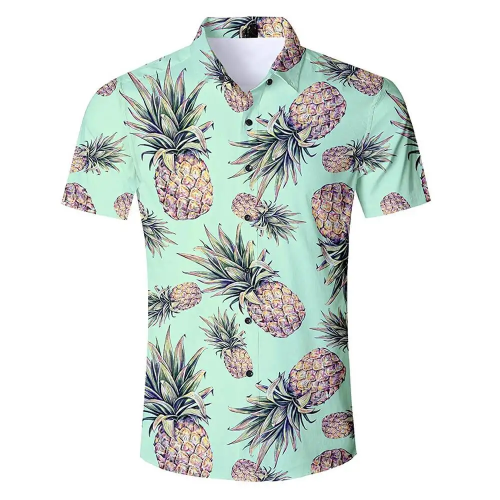 Camisas engraçadas masculinas de abacaxi, 3D Print, Blusa de praia, Camisas Masculinas de Lapela Vocacional, Roupas de Botão Havaiano