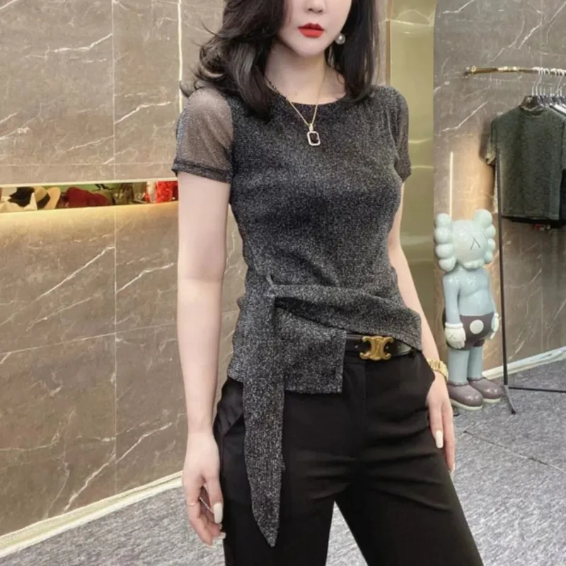 Summer Women's Clothing Round Neck Pullover Sequined Solid Color Short Sleeve T-shirt Elegant Flattering Comfortable Korean Tops