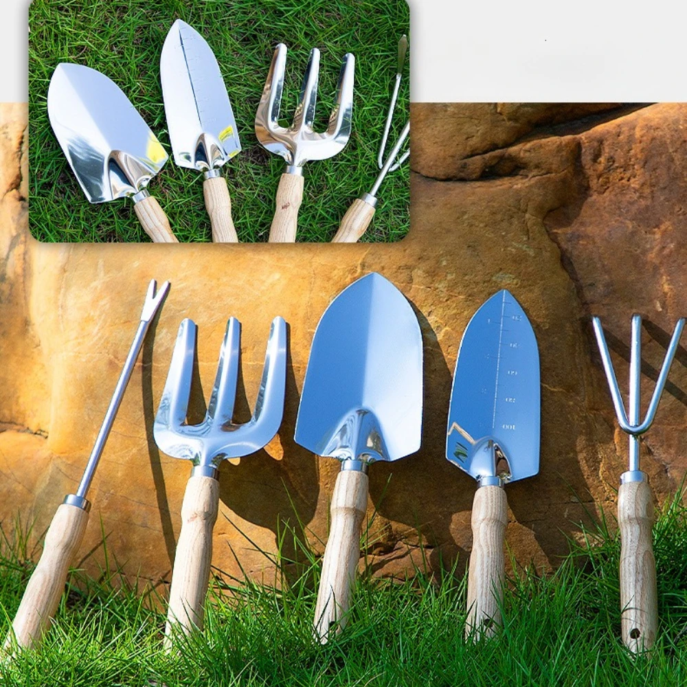 

1/5PCS Stainless Steel Wooden Handle Gardening Tool Set - Durable Ergonomic Planting Shovel, Weeder, Soil Loosening Rake & Fork
