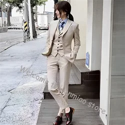 Khaki Women's Suit Formal Pants Set Ladies Suit 3-piece Set Business Office Lady Work Clothes Slim Fit Outfit Wedding Blazer