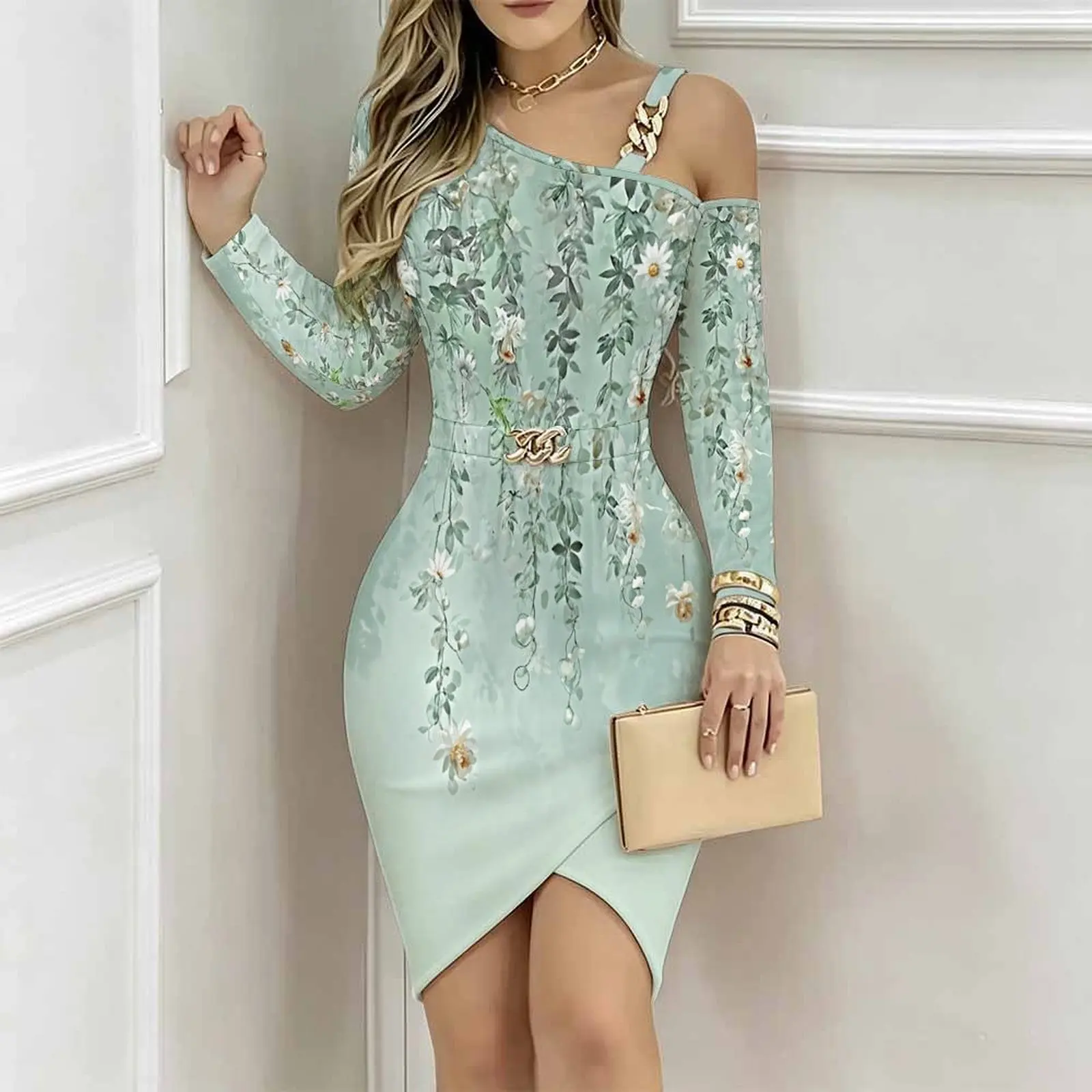 Women One Shoulder Bodycon Midi Dress Chain Strap Detail Metal Buckle Belt Irregular Split Hem Slim Fit Custom Print Part Dress