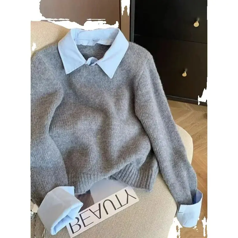 

Fake Two Shirts Collar Sweater Women's Autumn Outfit New Lazy Linterior Contrasting Color Gray Knit Sweater Top With Flip Collar
