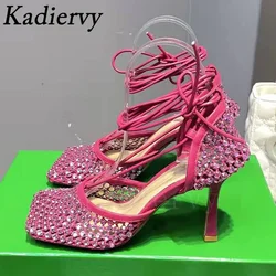 Summer Women Pumps Mesh Rhinestone High Heels Party Shoes Women Square Toe Ankle Strap Thin Heels Shoes For Women Size 35-43