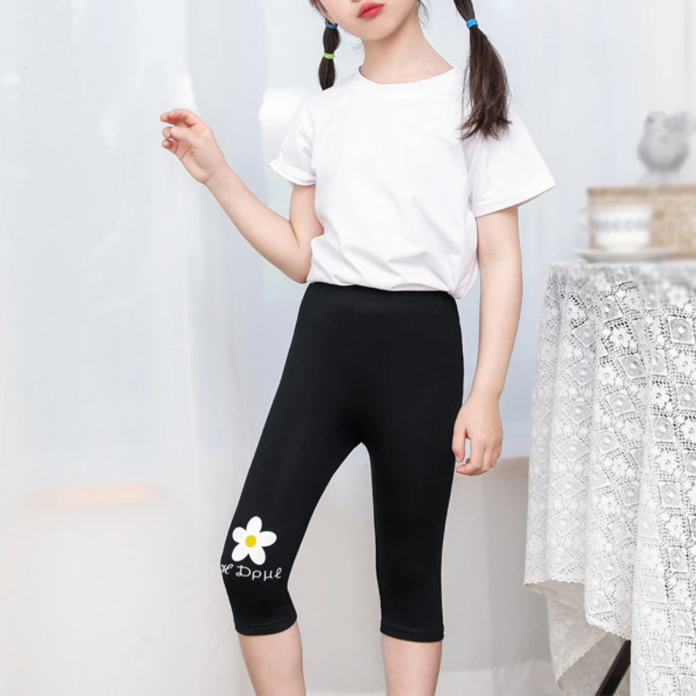 Summer Girls Leggings Solid Flower Print High Elastic Leggings Kids Breathable Absorbent Soft Skinny Pants