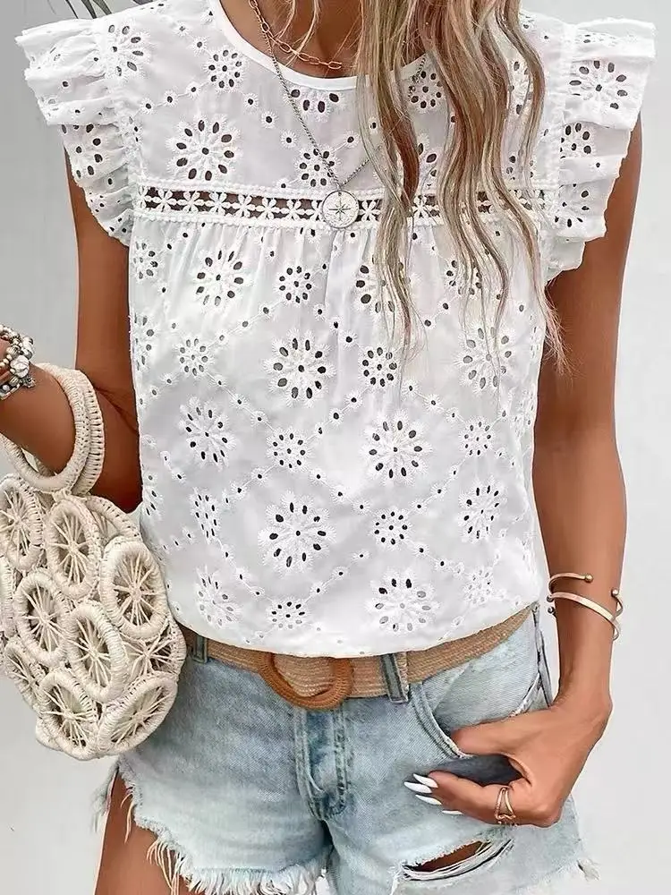 

Женская блузка-рубашка, новая летняя белая блузка с коротким рукавом и круглым вырезом, рубашка, женские топы, блузки, рубашки Blusas Para