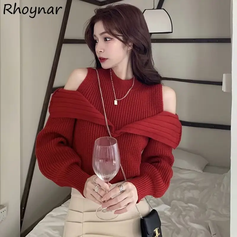 

French Knitted Pullovers Women Fake Two Pieces Lantern Sleeve Solid Off Shoulder Elegant Designs Fashion Y2k Clothing Loose Ins