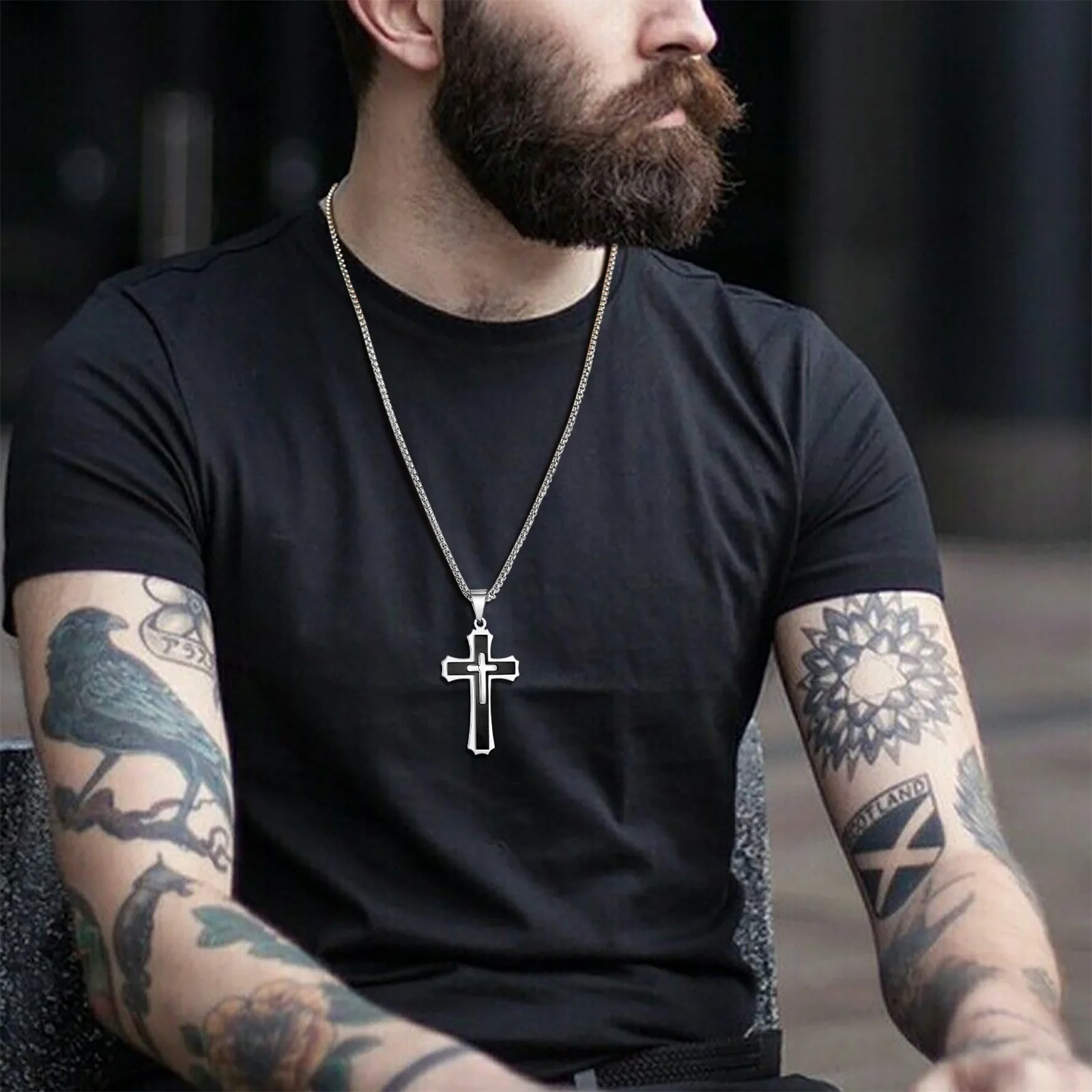 Vnox Chunky Three Layered Cross Necklaces for Men, Black Silver Color Stainless Steel Bold Faith Cross Pendant,Hip Hop Necklace
