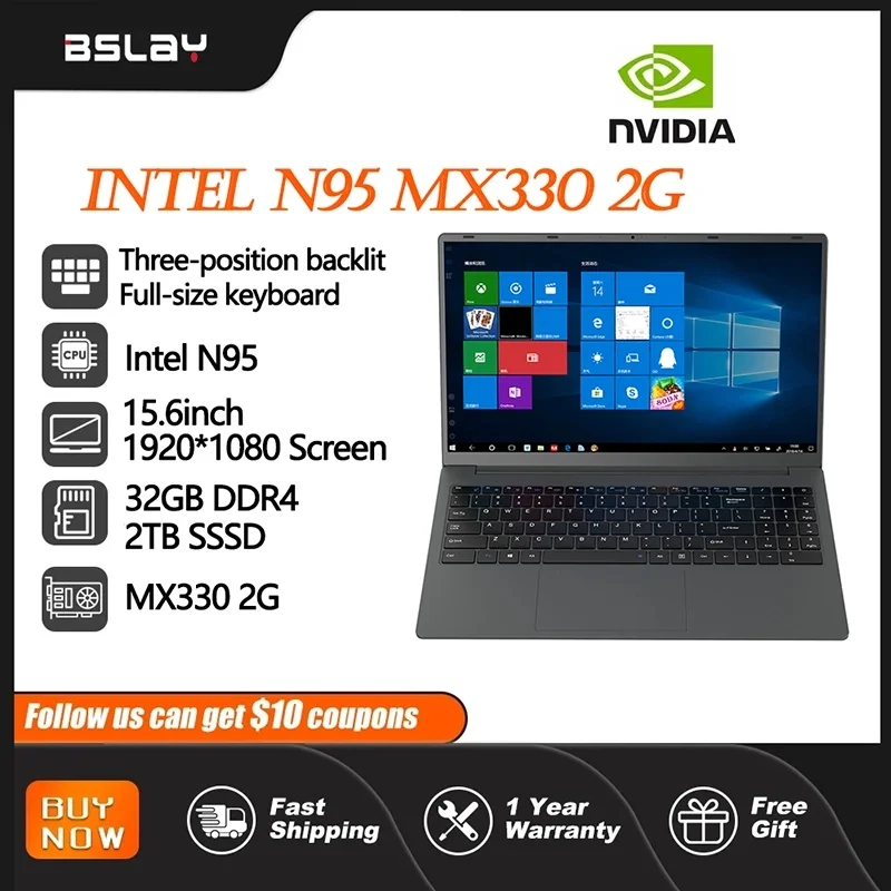 Игровой ноутбук Intel N95 NVIDIA Mx330, 2G, 15,6 дюйма, 32 ГБ DDR4, 2 ТБ SSD, HDMI, Win11, HD-камера, разблокировка отпечатком пальца, легкий компьютер