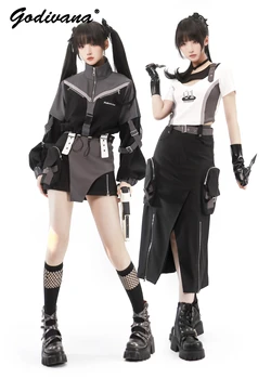 Süße coole 2024 neue Frühling weibliche Mädchen funktionale kurze Leder Ring jacke Top amerikanischen Stil mittellangen Rock Set Outfits