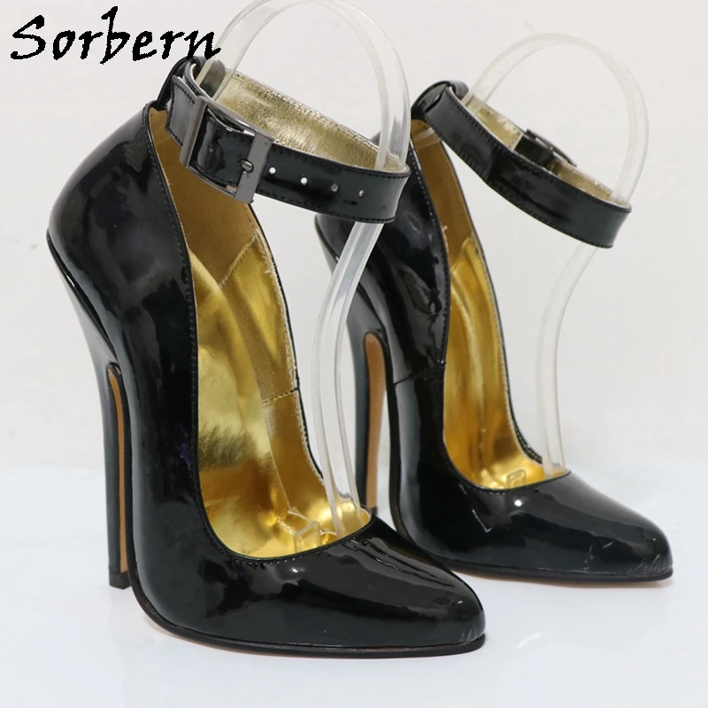 Sorbern รองเท้าส้นสูงสีดำเซ็กซี่สำหรับผู้หญิงรองเท้าส้นเข็มมีสายรัดข้อเท้าหัวแหลมส้นสูงสีทอง