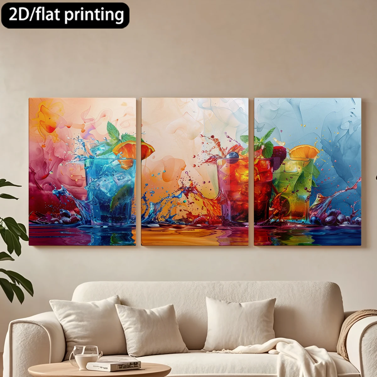 

Набор из 3 картин на холсте в деревянной раме: фруктовые напитки, мята, цитрусовые, красочные брызги. Декор для коридора и спальни.