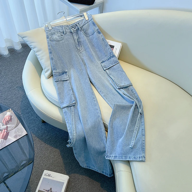 

Vintage Wide Leg Denim Cargo Pants Women High Waist Pockets Loose Straight Jeans Spring Autumn Casual Trousers Female