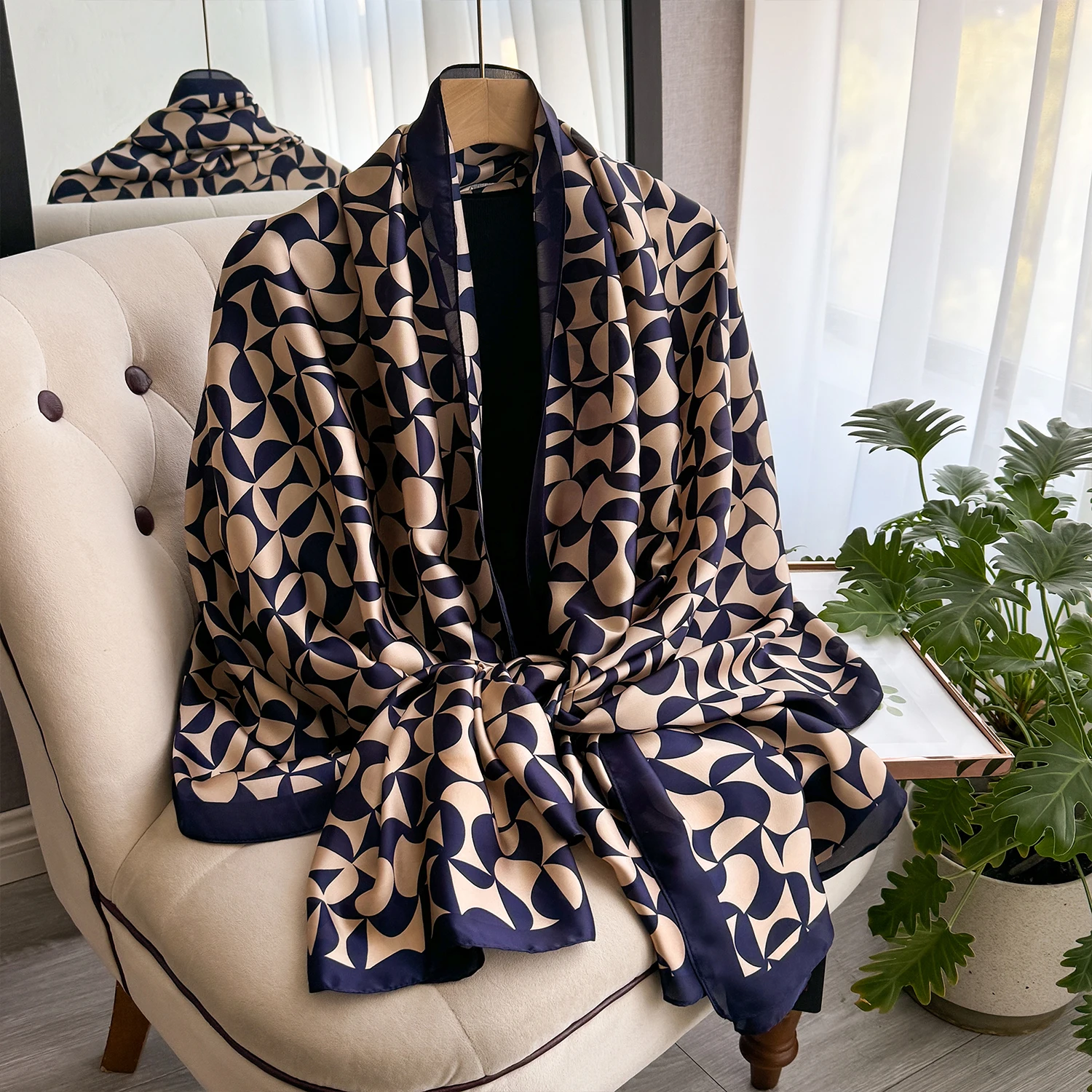 New Geometry Design Large Silk Soft Scarf Women Stylish Print Long Shawl Handkerchief Summer Sun Protection Elegant Travel Wrap