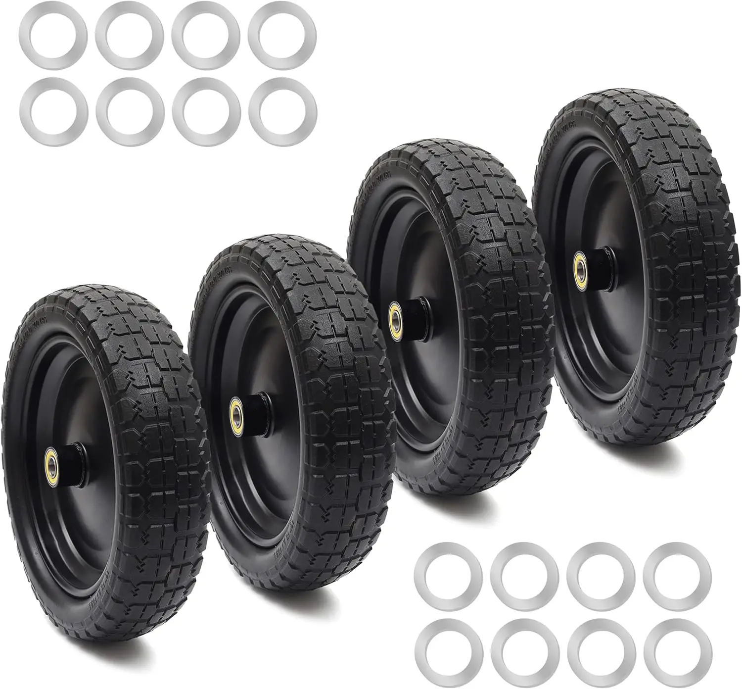 

13 Inch Solid Wheels, 4-Pack Flat Free Tires with 5/8" Axle Bore, Compatible Garden Carts and Utility Trailers