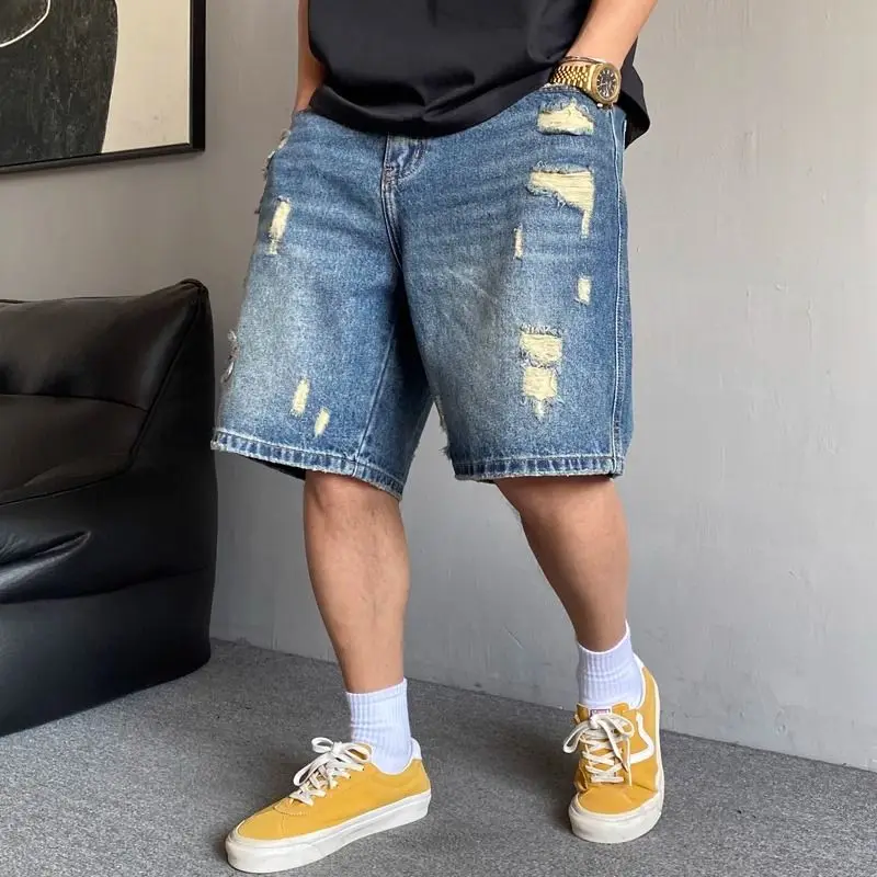 

Large Size 300 Pou Retro Hole Design Denim orts Men's Summer American Cool Casual Five-Point Pants Loose Straight Cut