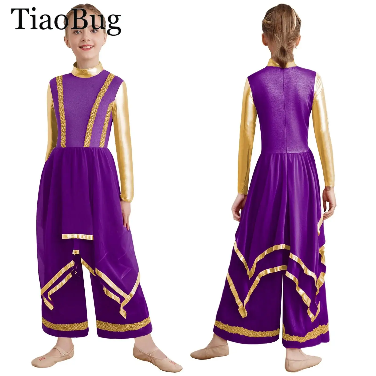 

Girls Liturgical Praise Worship Dance Costume Long Sleeve Gold Trim Metallic Lyrical Dress Wide-Leg Pants Church Choir Costume