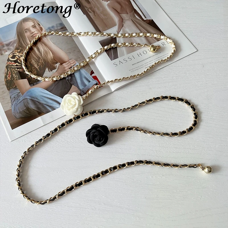 

Horetong Camellia Metal Waist Chain For Women Thin Belt Accessories Fashion Female Strap For Dress Skirt Shirt Decorative