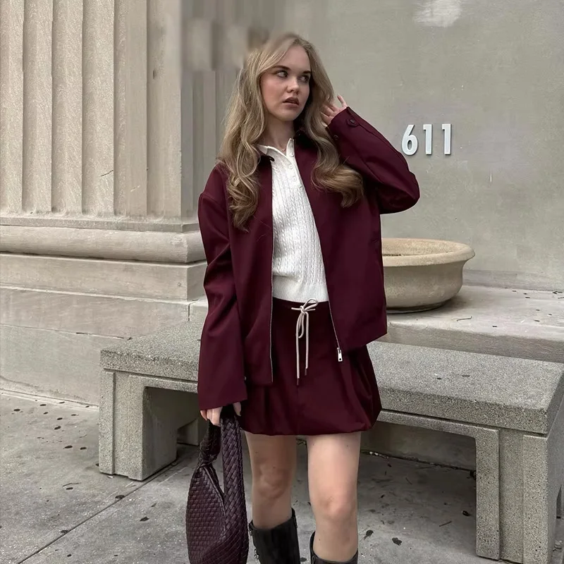 2025 여성용 솔리드 와인 레드 재킷 코트 긴 소매 지퍼 크롭 탑 여성 캐주얼 시크 탑 여성 패션 하이 스트리트