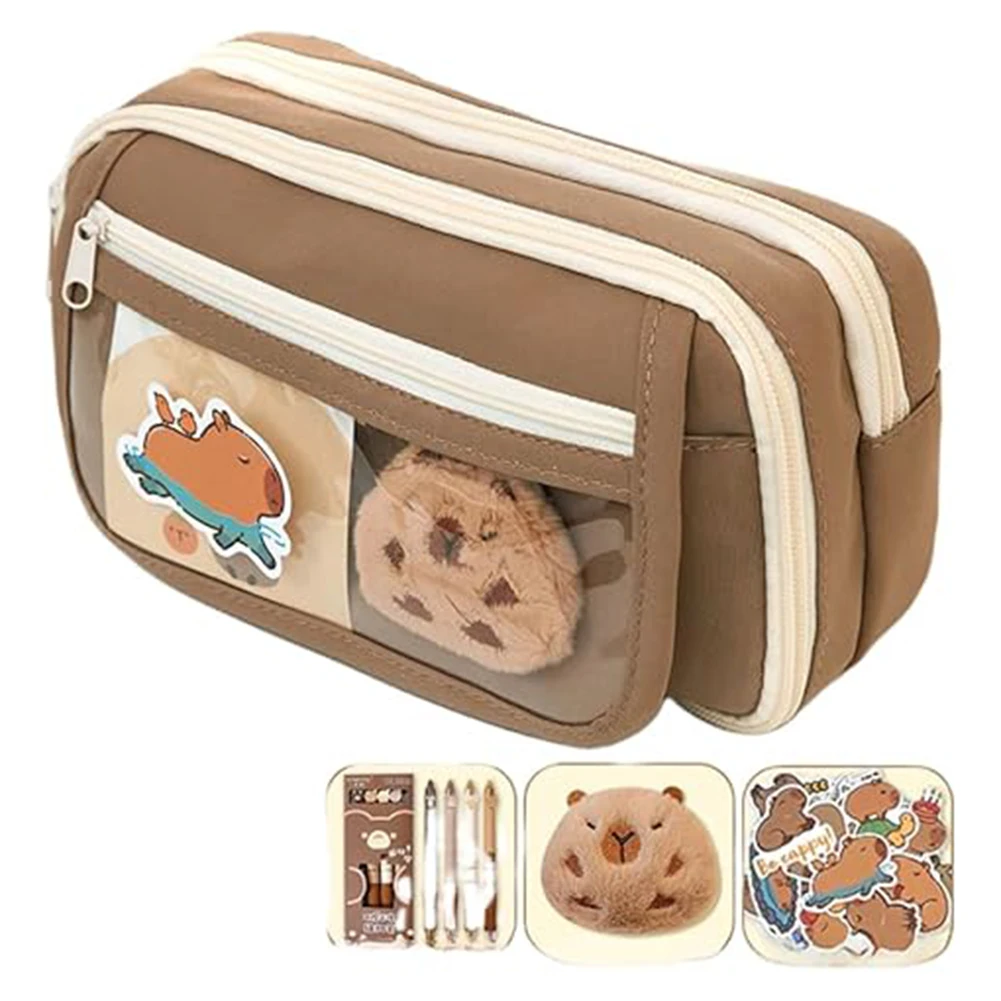 9-Layer Cute Pencil Bag with Stickers Kawaii Zipper Pencil Case Large Capacity Capybara Stationery Holder Bag School Supplies