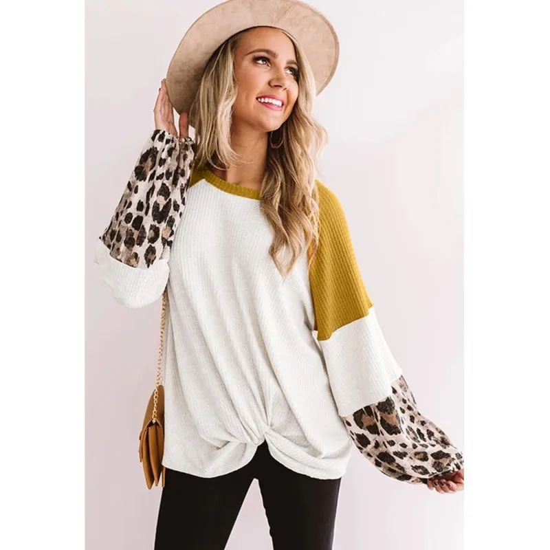 

Fashion New Leopard Printed All-match Women's T-shirts Casual Loose Long Sleeve T-shirt O-neck Contrast Color Fashion Top Female