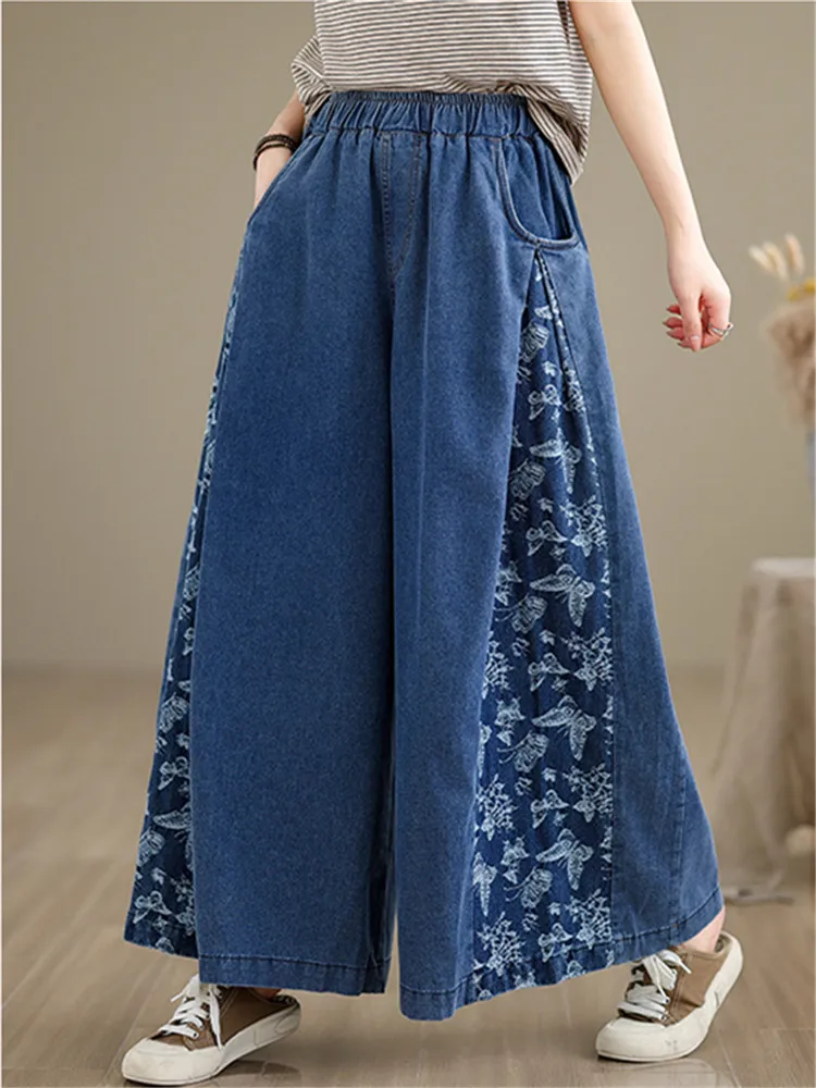 

2024 Summer Fashion Thin Jeans Splicing Casual Retro Prtted Loose Large Size Women Wide Leg Pants Nine Points Pants Female