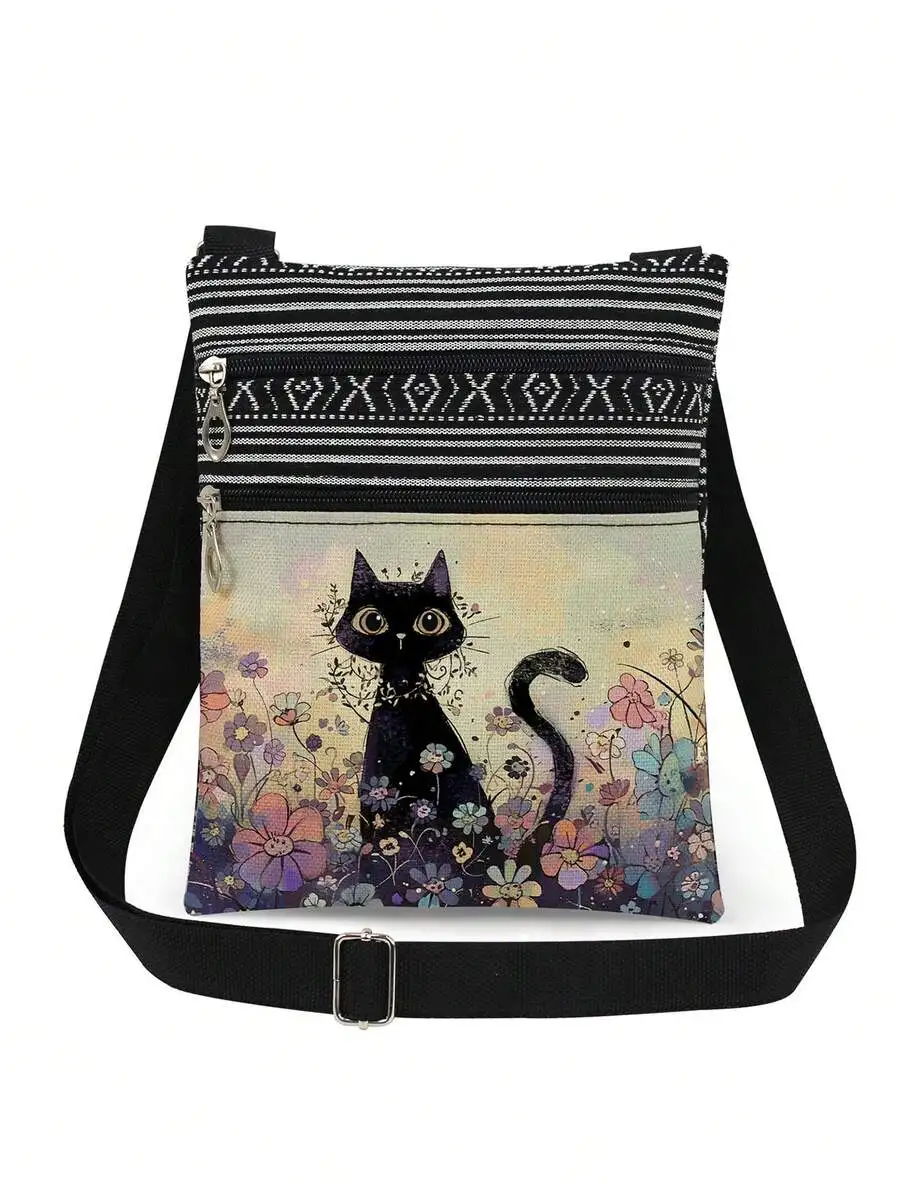 

Floral Black Cat Print Crossbody Bag, Adjustable Strap, Canvas Shoulder Bag for Daily Use