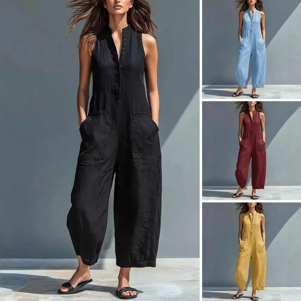 Mono de verano sin mangas para mujer, con botones, cuello alto, holgado, de una pieza, pantalón largo de pierna ancha con bolsillos