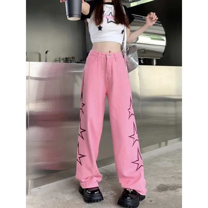Y2K Aesthetics Streetwear Design Straight Mopping Denim Trousers Female 2025 American Street Hip-hop Wide-leg Star Print Jeans