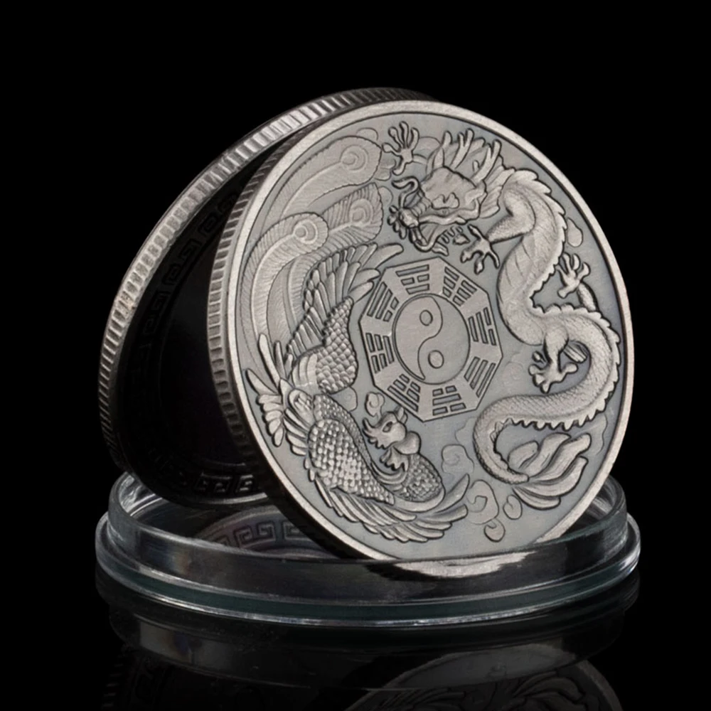 Dragon and Phoenix Tai Chi Bring You Good Luck Traditional Collectible Gift Copper Plated Collection Art Commemorative Coin