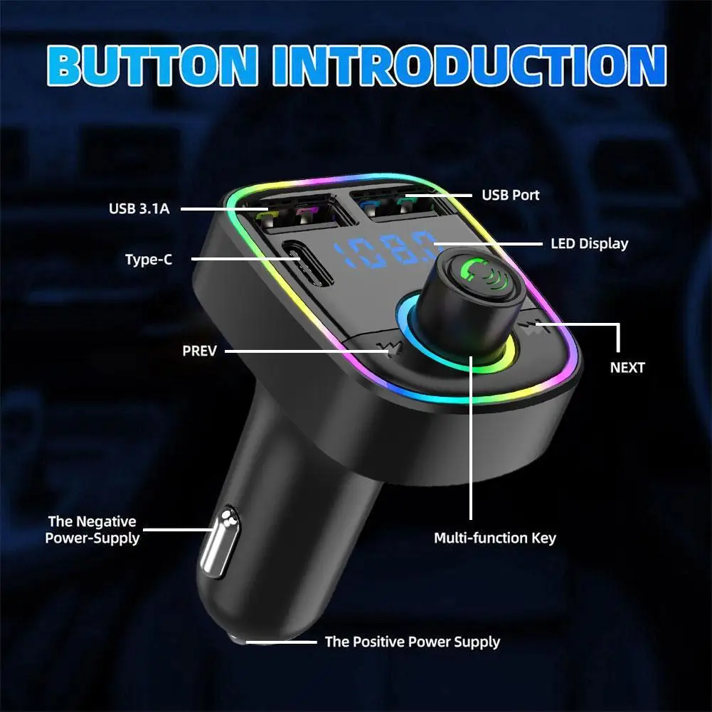 Car Charger Bluetooth 5.0 FM Transmitter PD Type-C Dual USB Ambient Player MP3 Charger Type-C Wireless Light Handsfree ﻿