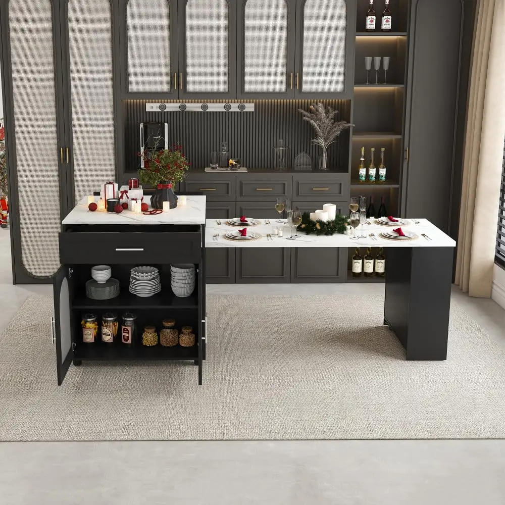 Kitchen Island Table with Power Outlet, Mobile Cart Cabinet & 2 Drawers, 80-inch Wood Grain Countertop, Black, Customized