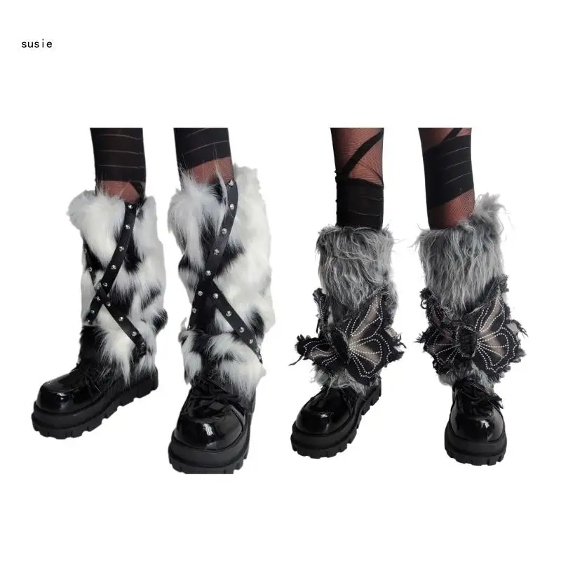 Harajuku Punk Rivets Strap Plush Leg Warmers Fuzzy Boot Cuffs Butterfly Patches Leg Covers Gaiters Streetwear for Women X7YA