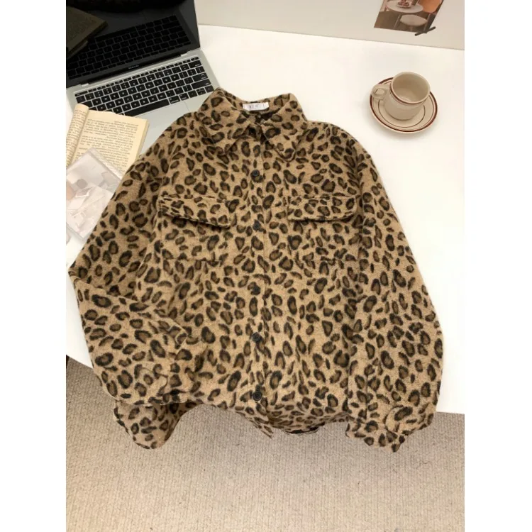 Gaganight Women Woolen Leopard Printed Brushed Long Sleeved Shirt 2024 Women's Autumn Winter New Shirt Retro Loose Slimming Top